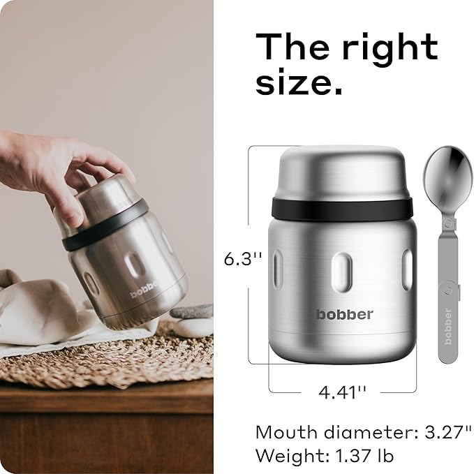 BOBBER 16 oz Insulated Stainless Steel Thermos with Wide Mouth, Built-in Spoon and Bowl Lid – Perfect for Hot Food, Keeps Soups Hot for 10 Hours, Cold for 15 Hours (Matte)