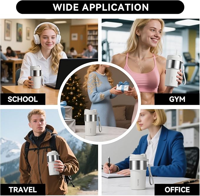 Insulated Travel Coffee Tumbler Mug - Ceramic Inner Wall Reusable Iced Coffee Cups Bottle with Lids, Stainless Steel Insulated Cold Brew Water Tumbler with Straw, BPA Free 16 Oz Water Bottle