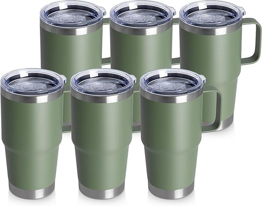 20oz Tumbler Bulk with Lid, Stainless Steel Tumbler Bulk with Handle, Metal Insulated Travel Coffee Mug Set with Handle, Double Wall Vacuum Leak Proof Tumbler Cup, Amy Green 6 Pack