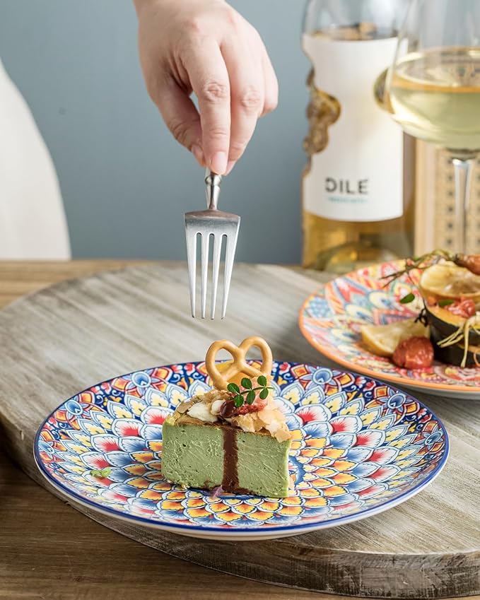 Salad Plate Set of 6, 8.5 Inch Dinner Plates for Salad, Pasta, Dessert,Steak, Appetizers Colorful Bohemian Style Dishes for Kitchen