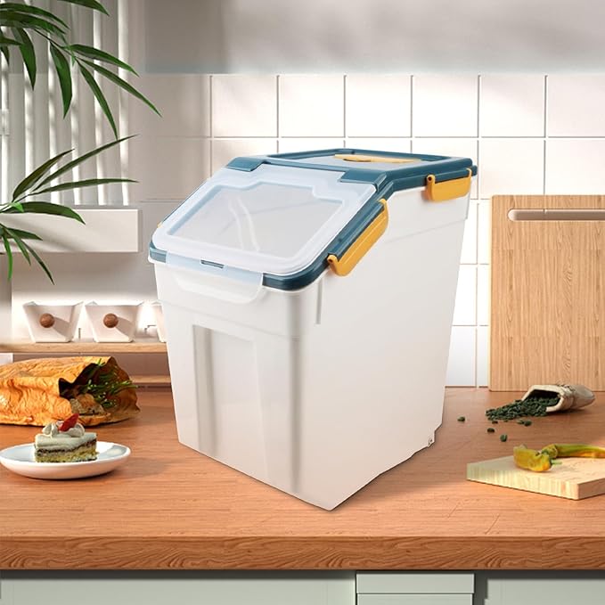 2 Pack Rice Storage Container with Measuring Cup 50 lb Flour Storage Container with Wheels, BPA Free Food Storage Container Dog Cat Food Bin Set for Dry Food Sugar, Cereal(Blue)