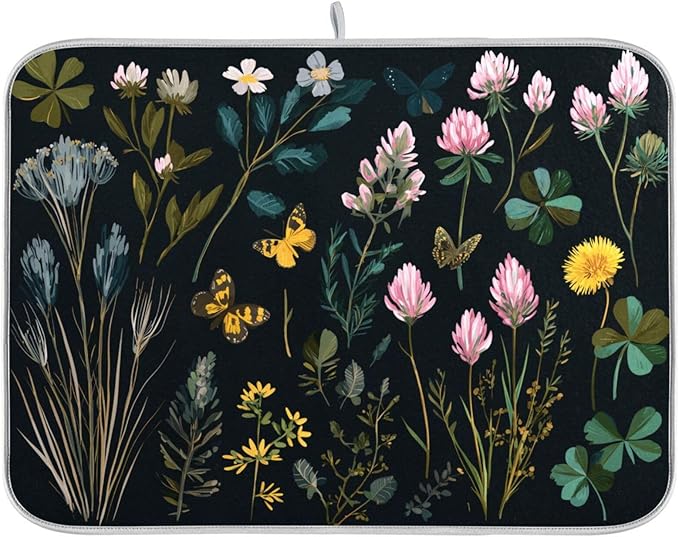 Wildflowers and Grasses Dish Drying Mat for Kitchen Counter Super Absorbent Dishes Pad Reversible Microfiber Protector Dish Draining Mats 16x18 inch