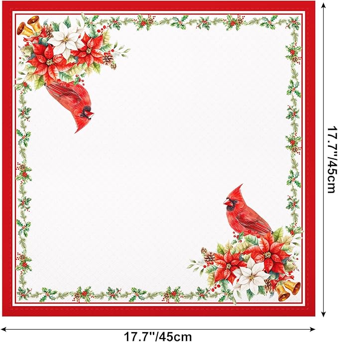 Christmas Cardinal Napkins, 18×18 Inch Floral Dinner Cloth Napkins Set of 6, Washable Cotton Soft Absorbent Square Napkins for Dining Kitchen Party Wedding Decoration