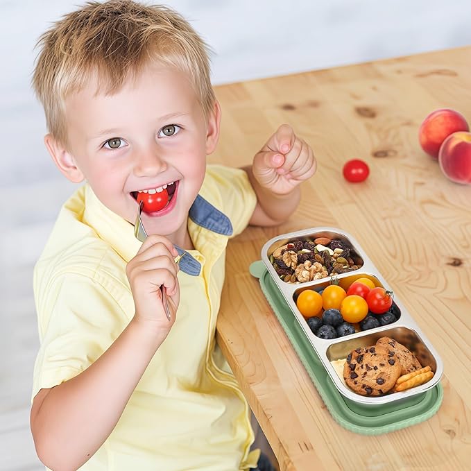 ﻿ 3 Compartment Stainless Steel Snack Containers with Silicone Lids, Reusable Food Storage Containers ，snackle box container for School ，Travel, Outdoor, Camping.