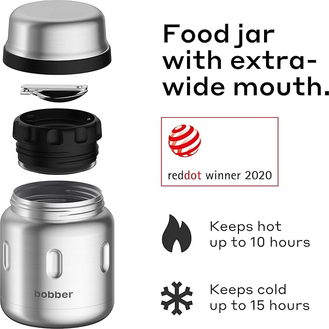 BOBBER 16 oz Insulated Stainless Steel Thermos with Wide Mouth, Built-in Spoon and Bowl Lid – Perfect for Hot Food, Keeps Soups Hot for 10 Hours, Cold for 15 Hours (Matte)