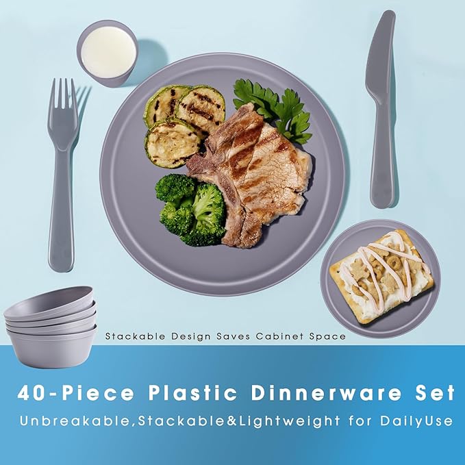40-Piece Unbreakable Kids Dinnerware Set for Toddlers & Children, BPA-Free & Easy-Clean PP Plates and Bowls, Microwave & Dishwasher Safe, Complete Family Pack (Service for 8)