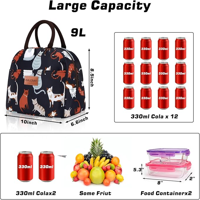 BALORAY Lunch Bag for Women Men Cute Reusable Insulated Lunch Box Large Capacity Lunch Tote Bag for Work, Picnic or Travel(Dark Blue With Cat)