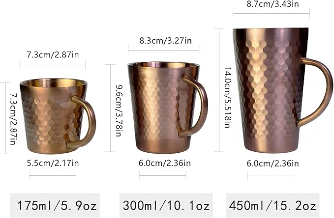 YJX 5.9oz Mugs Set of 4, Hammered 304 Stainless Steel Coffee Cups, Double Wall Insulated Mug, Copper Tea Cup with Handle, Lightweight Teacups, for Tea, Cold Drinks, Beer, Wine, Bars, Parties(175ml)
