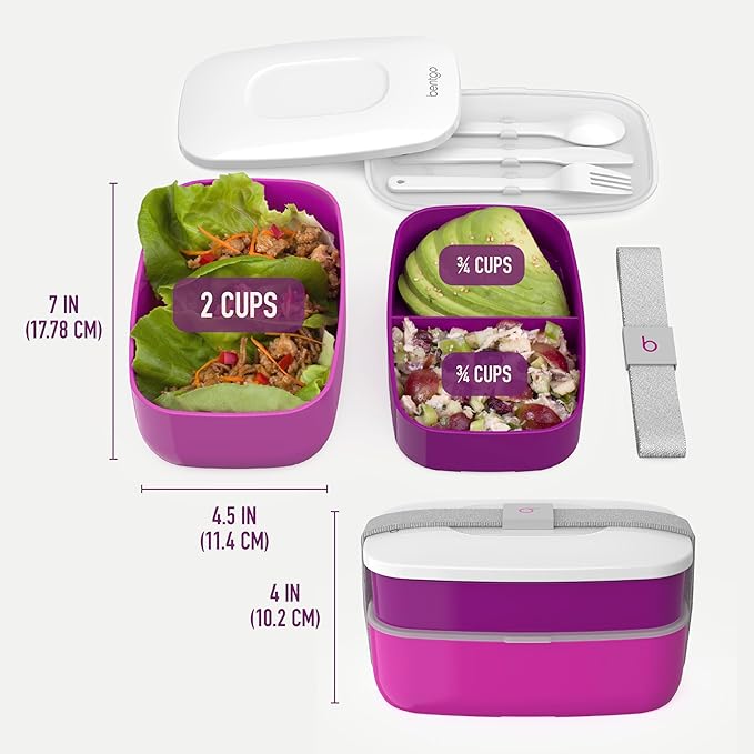 Bentgo Classic - Adult Bento Box, Stackable 3-Compartment Lunch Box with Removable Utensil Set and Sealing Strap, BPA-Free, Food Container Ideal for Meal Prep, Work, and On the Go (Purple)