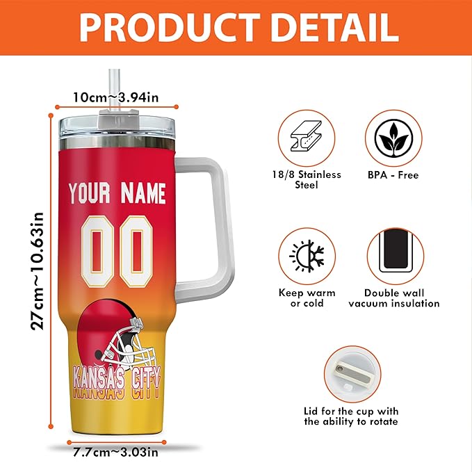 Personalized Football Insulated Travel Cup with Handle & Straw, 40oz Stainless Steel Tumbler, Custom Name & Number Mug, Tailgating Gift for Fans (Kansas City)