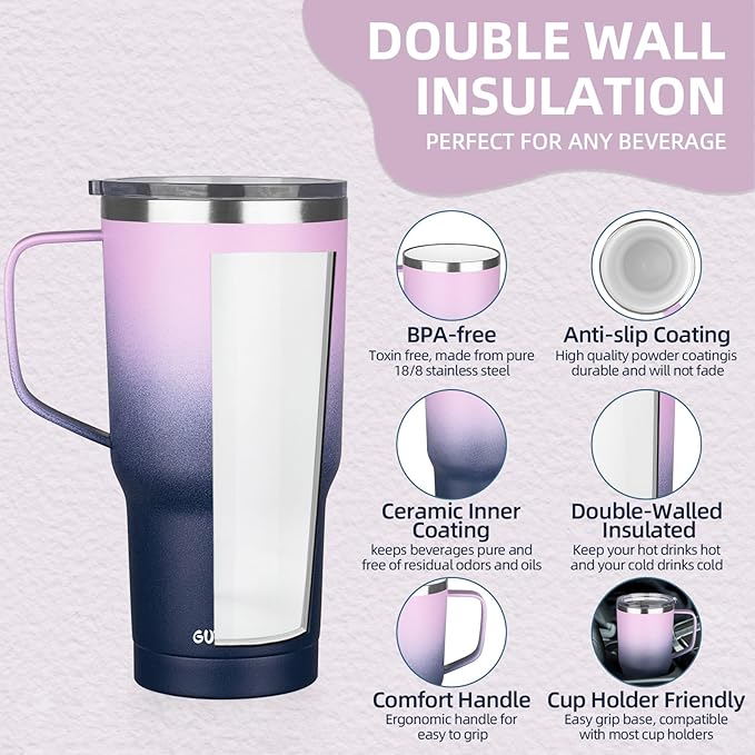 20 oz Insulated Coffee Mug with Ceramic Coating, Stainless Steel Travel Mug Tumbler with Handle Lid and Straw, Double Wall Leak-Proof Coffee Travel Mug Keeps Drink Hot and Cold (Purple blue)