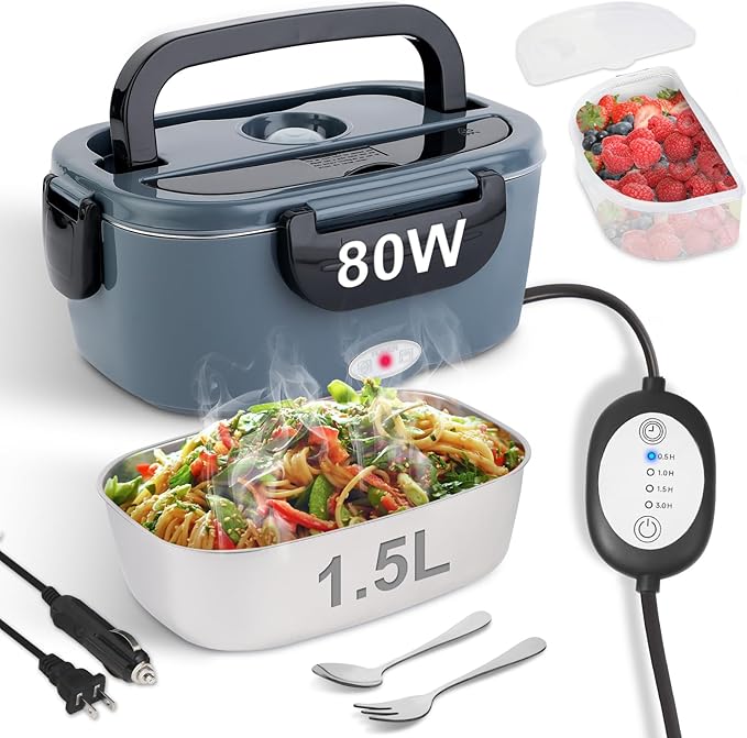 80W Electric Lunch Box with Heating Time Controller, 1.5L Portable Food Warmer for Adults/Men/Work, 12V/24V/110V Heated Lunch Box for Car/Truck with Fork & Spoon and Insulated Bag