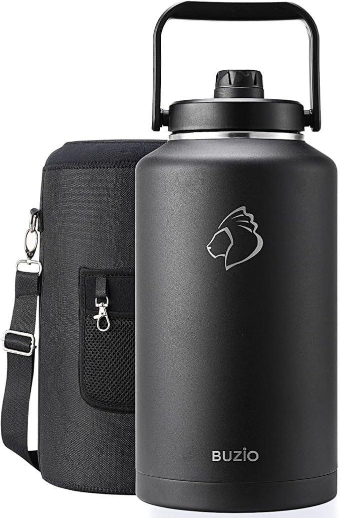 BUZIO 2 Gallon Water Bottle Insulated, (Cold for 48 Hrs) 256oz Extra Large Water Jug Stainless Steel, 4.4in Big Wide Mouth Leak Proof Metal Flask with Handle for Camping,Outdoor Work,Travel, Black