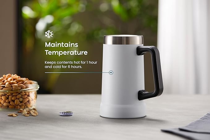 KooK Beer Stein, Stainless Steel Coffee Mug, Tumbler with Thermal Vacuum Insulation, Big Grip, Adventure, Double Walled Drinking Cup, Large Handle, Shatterproof, White, 24 oz