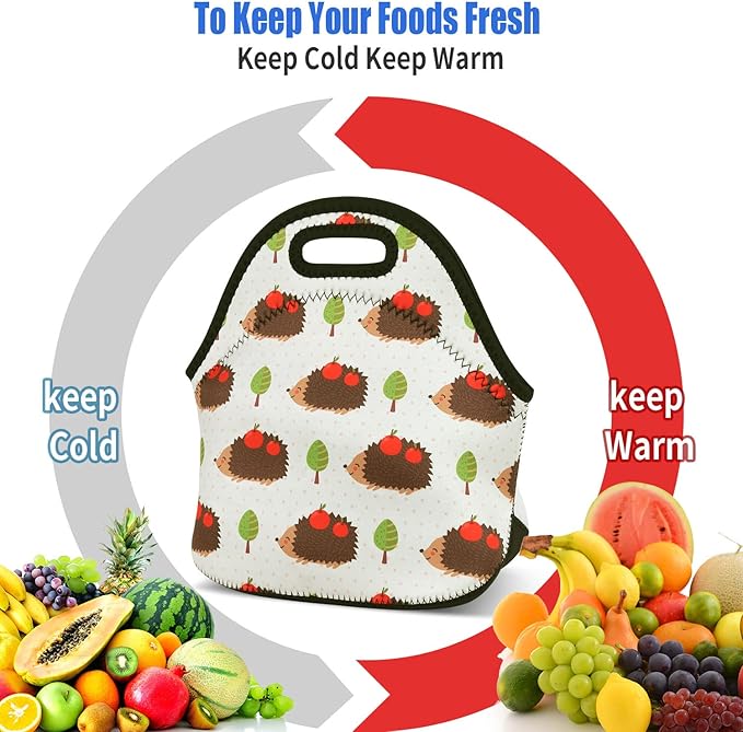 Violet Mist Womens Cute Reusable Neoprene Lunch Bag Insulated Lunch Box Hedgehog Animal Thermal lunch bags Waterproof lunchbags Food Handbags Meal Prep Lunchbags Travel Work Gift for Women Men Adult