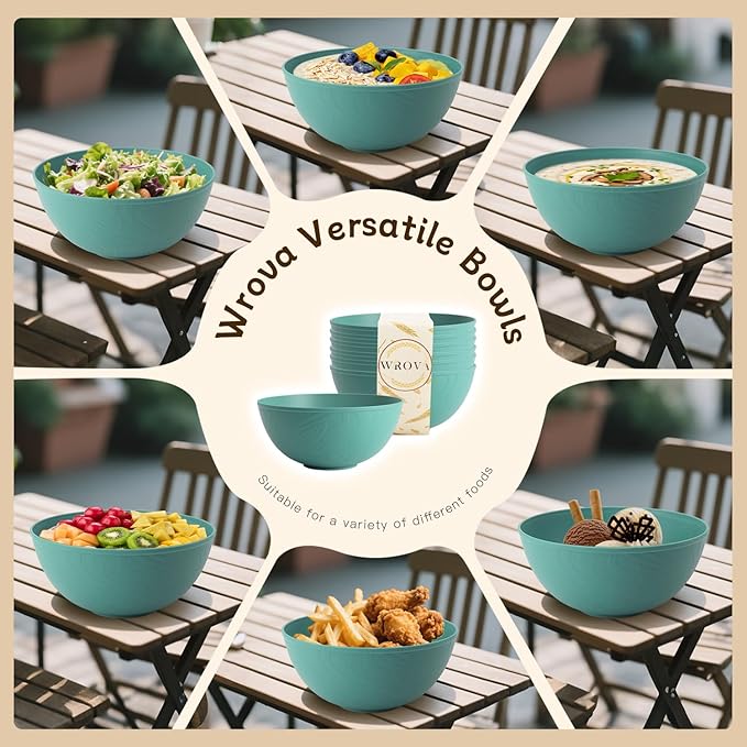 Wrova Wheat Straw Bowls for Kitchen set of 6,Anit-Scald Thick Soup Bowls 40oz,Microwave and Dishwasher Safe Bowl set easy to clean. Green