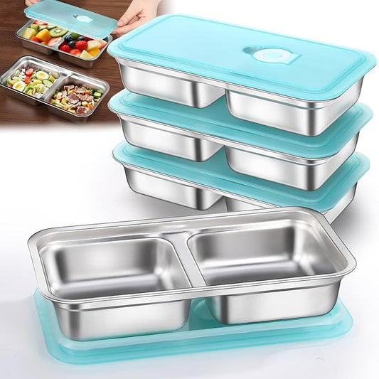 4 Pack Stainless Steel Snack Containers Reusable, Grab and Go 2 Compartment Food Storage Containers with Leakproof Lids for Travel and Outdoor Camping School Lunch Prep Dishwasher Safe 7.9" Size