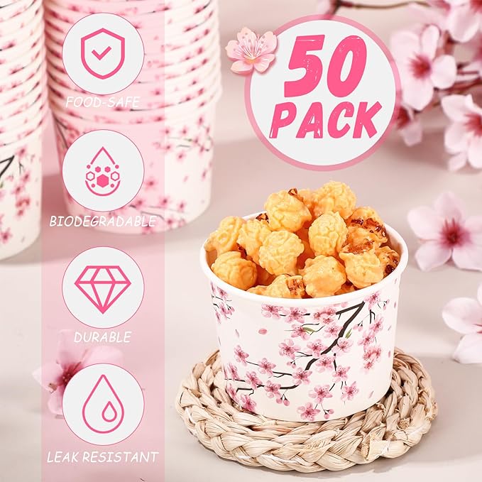 50 Pack Cherry Blossom Ice Cream Cups 9 oz Cherry Blossom Disposable Dessert Bowls Pink Floral Paper Soup Bowl Sakura Snack Cup Wedding Baby Shower Birthday Party Supplies for Hot Cold Food