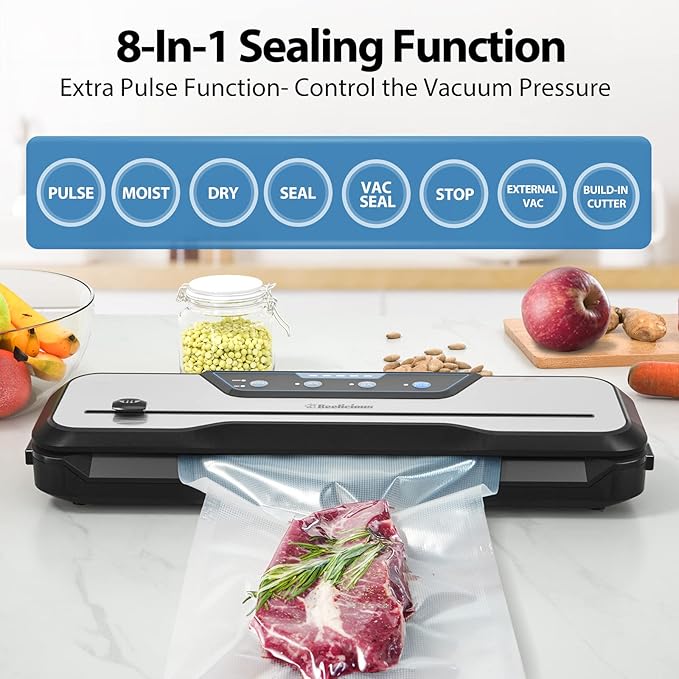 Automatic Food Vacuum Sealer Machine, Beelicious 8-In-1 Food Vacuum Saver with Starter Kits, Pulse Function, Moist & Dry Mode and External VAC for Jars and Containers