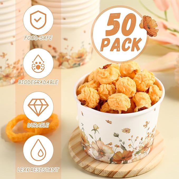 50 Pack Fall Floral Treat Snack Cups Autumn Flowers Paper Ice Cream Cups 9 oz Watercolor Flower Disposable Dessert Bowls for Hot or Cold Food Fall Wedding Baby Shower Birthday Party Supplies