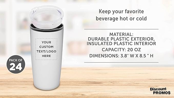 Custom Plastic Tumblers 20 oz. Set of 24, Personalized Bulk Pack - With lids, Ice Coffee Tumbler, To Go Cup, Insulated - White