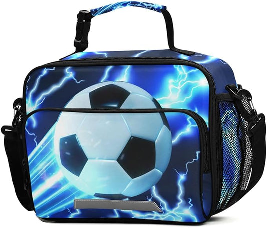 ALAZA Soccer Kids Lunch Box, Blue Lightning Lunchbox Insulated Reusable Meal Container Lunch Bag with Shoulder Strap for School Girls Boys