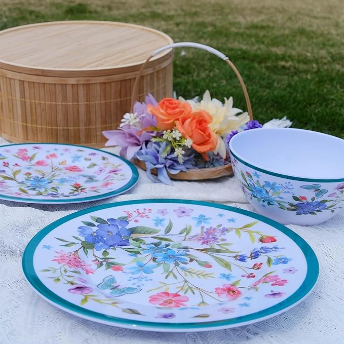 Melamine Dinnerware Set 12-Piece for 4 Dish Set Plates Bowls Unbreakable Dishware for Indoor Outdoor Use Lightweight Durable for Camping Picnics Parties Green