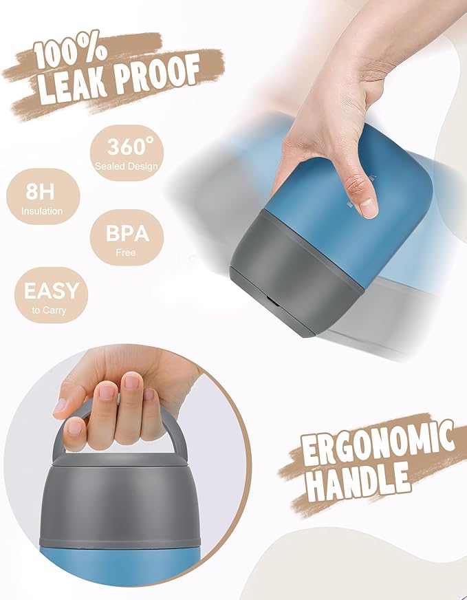 17oz Soup Thermo for Hot Food Adults Insulated Food Jar Thermo Hot Food Lunch Container Wide Mouth Stainless Steel Lunch Box for Kids with Folding Spoon Cleaning Brush Gray Blue