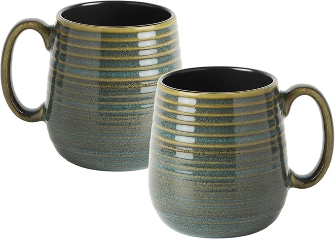 20 oz Large Ceramic Coffee Mugs set of 2, Coffee Mugs for Women and Men, Big Tea Cups, Large Handle Mugs for Office and Home, Microwave and Diahwasher Safe (Green with Stripes, 2PCS)