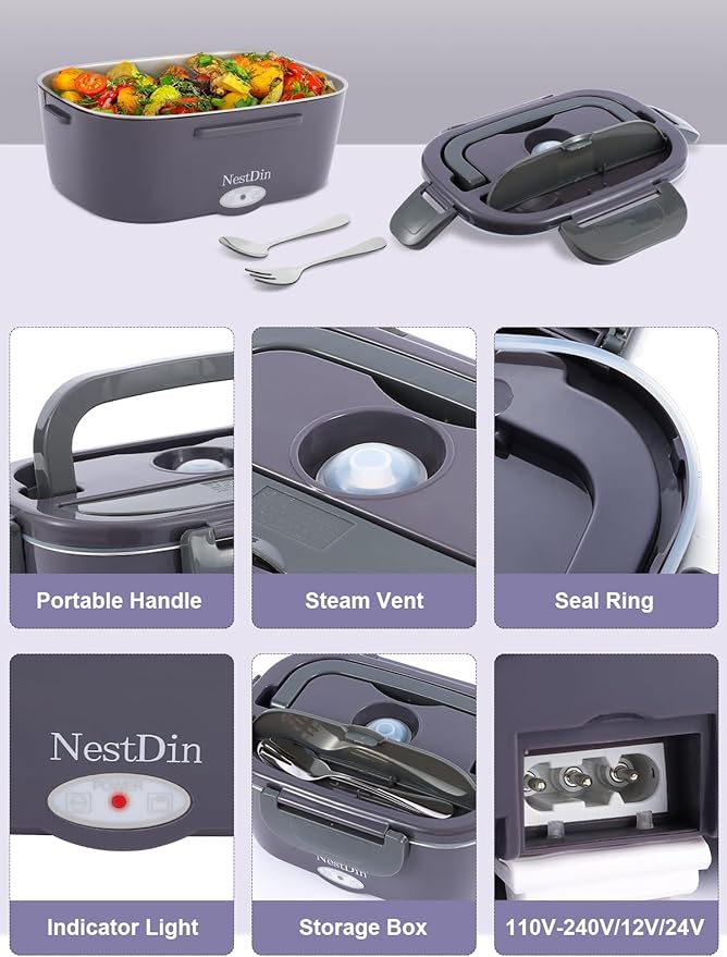 80W Electric Lunch Box for Adults, Portable Heated Lunch Box for Men, 1.5L Food Warmer Lunchbox for Car/Truck/Office, 12V/24V/110V Leak-Proof, Dishwasher-Safe with Insulated Bag(Purple Grey)
