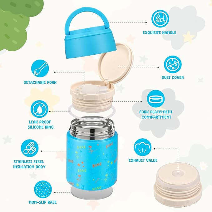 10oz Soup Thermo for Hot Food Kids Insulated Food Jar with Spoon Wide Mouth Stainless Steel Lunch Container Leak Proof Vacuum Food Box for School Travel Picnic Blue Dinosaur