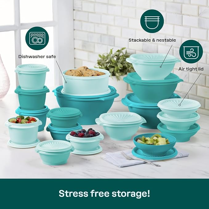 Tupperware Heritage Collection, New 36 Piece Food Storage Container Set in Vintage Green, Dishwasher Safe and BPA Free (18 containers, 18 lids)