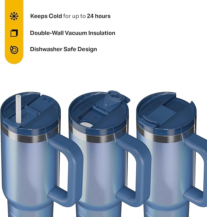 RTIC 30 oz Road Trip Tumbler Double-Walled Ceramic Lined InsulatedStainless Steel Portable Travel Coffee Mug Cup with Lid, Handle and Straw, Pond Glitter