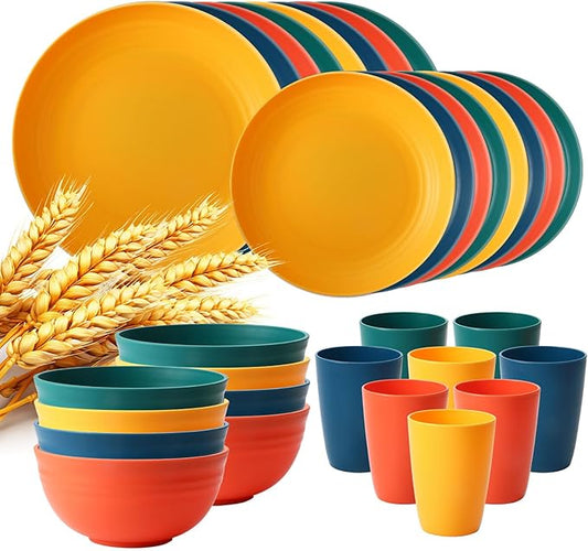 Lazycorner 32Pcs Kitchen Wheat Straw Dinnerware Set, Service for 8, Plastic Reuasble Dinner Dishes Serving Plate Set for Kitchen, Including Dinner Plate, Dessert Plate, Bowl, Cup(Multicolor)