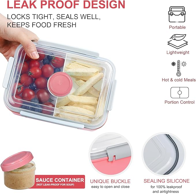 3 Pack Salad Lunch Box Food Storage Containers, 47oz Bento Box To Go Container with Lids, Meal Prep Containers with Removable Tray & Dressing Pots for Kids and Adults, Reusable and Microwave Safe