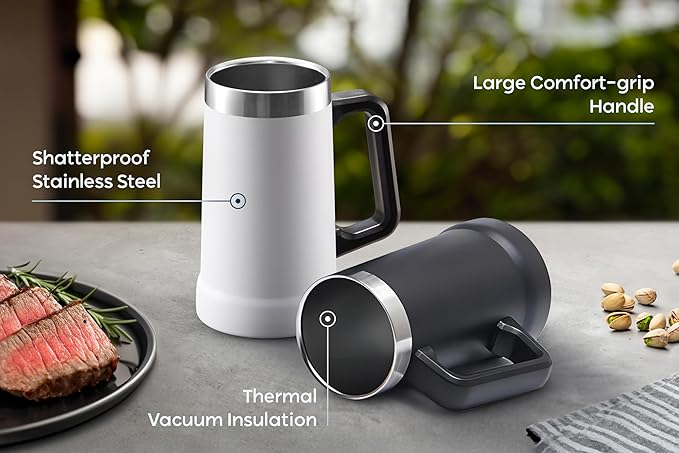 KooK Beer Stein, Stainless Steel Coffee Mug, Tumbler with Thermal Vacuum Insulation, Big Grip, Adventure, Double Walled Drinking Cup, Large Handle, Shatterproof, Storm Grey, 24 oz