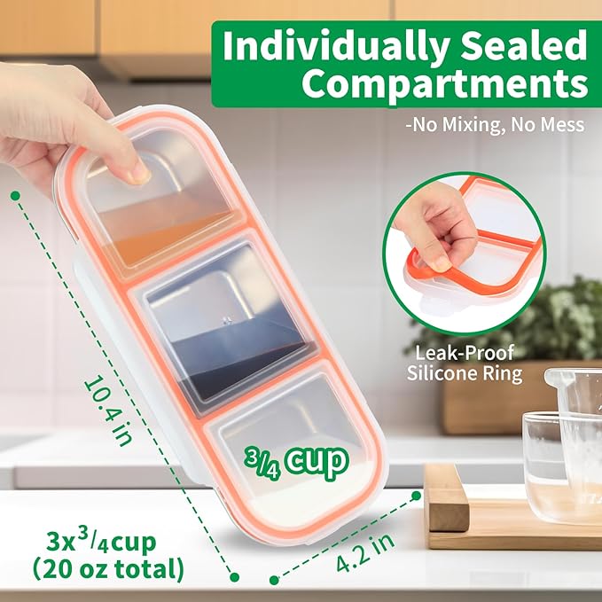 Stainless Steel Snack Containers, 3-Compartment Metal Snackle Box for Kids & Adults, Clear Reusable Condiment Box with Lids, Divided Food Storage Container for School, Work, Home & Travel