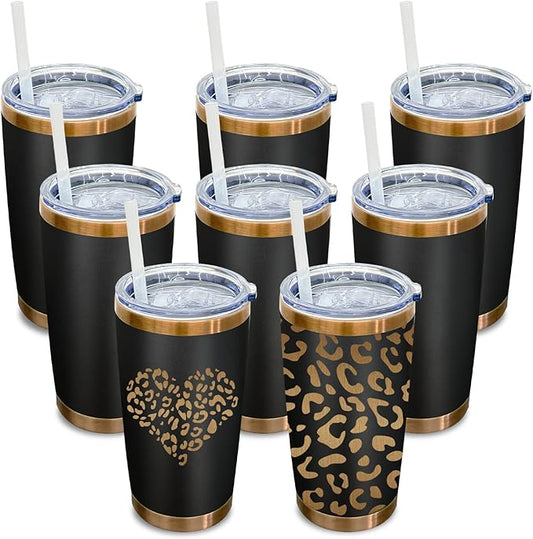 20 oz Tumbler Bulk 8 Pack Stainless Steel Tumbler with Lid and Straw, Double Wall Vacuum Insulated Travel Coffee Mug for Laser Engrave, Powder Coated Cup for Hot and Cold Drinks (Black,8 pack)