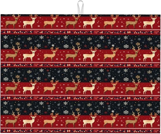 Christmas Reindeer Dish Drying Mat for Kitchen Counter Microfiber Super Absorbent Non-Slip Dish Drying Pad for Countertops Dishes Utensils Stylish Quick-Dry Machine Washable 18x24 Inch