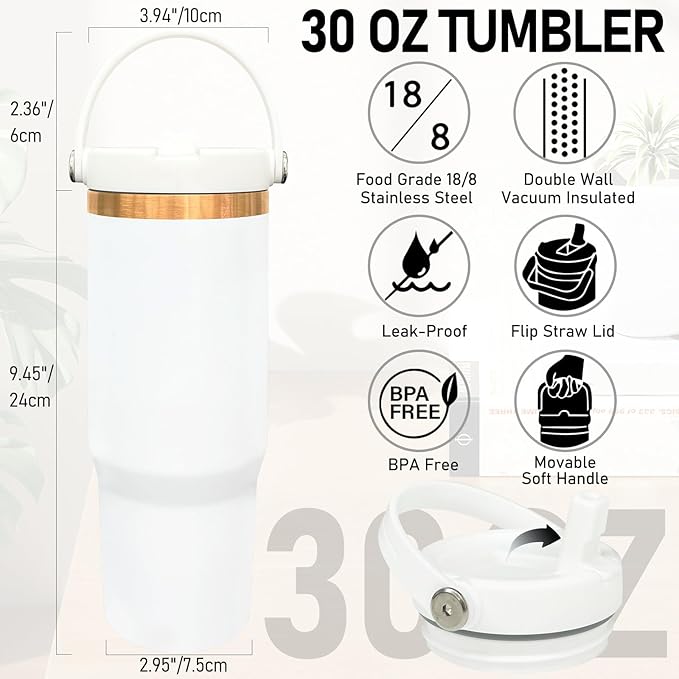 30 oz Tumbler Bulk with Handle and Straw, Vacuum Insulated Tumblers with Flip Straw and Top Handle, Leakproof Powder Coated Tumbler, Stainless Steel Travel Mug for Coffee Water (White, 8 Pack)