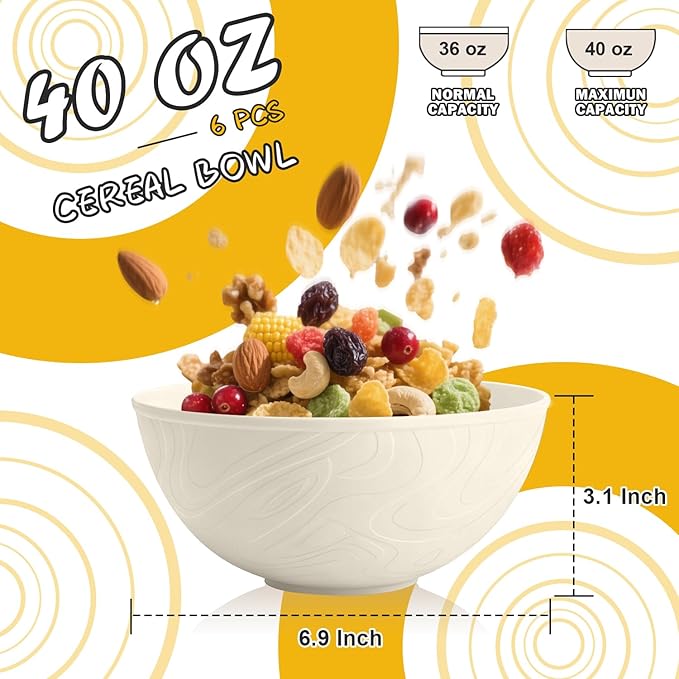 Unbreakable Wheat Straw Kitchen Cereal Bowl 40 OZ, Microwave & Dishwasher Safe Bowls, Alternative Plastic Bowls for Kitchen, Outdoors, RV, Camping, Patio, Set of 6, Beige