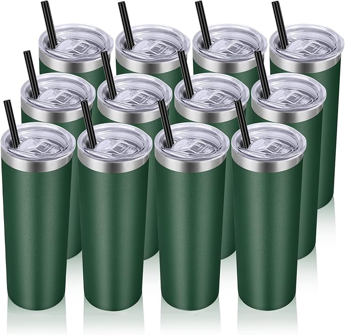 VEGOND Stainless Steel Tumblers Bulk 12 Pack, 20 oz Vacuum Insulated Skinny Tumblers with Lids and Straws, Double Wall Coffee Mug, Travel Water Cup