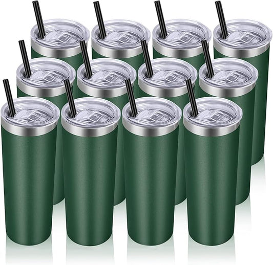 VEGOND Stainless Steel Tumblers Bulk 12 Pack, 20 oz Vacuum Insulated Skinny Tumblers with Lids and Straws, Double Wall Coffee Mug, Travel Water Cup