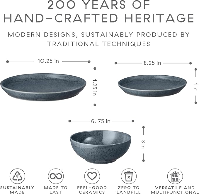 Denby - Dark Grey Speckle Dinner Set For 4-12 Piece Reactive Glaze Ceramic Stoneware Tableware Set - Dishwasher Microwave Oven Safe - Scratch Chip Resistant