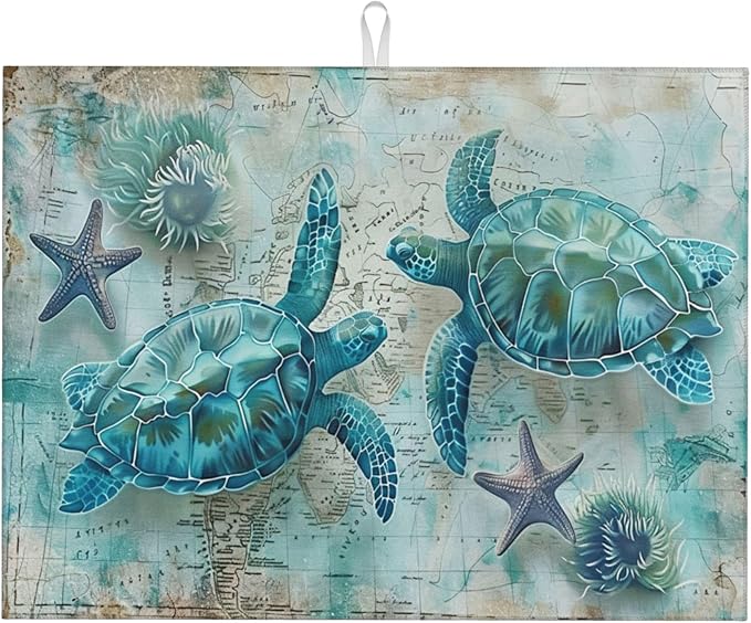 Sea Turtles Dish Drying Mat for Kitchen Counter Microfiber Super Absorbent Non-Slip Dish Drying Pad for Countertops Dishes Utensils Stylish Quick-Dry Machine Washable 18x24 Inch