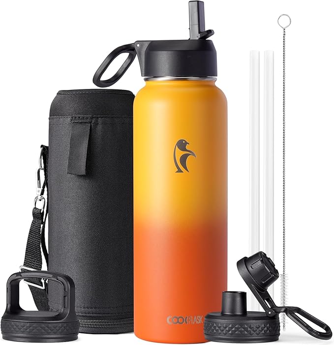 Water Bottle 40 oz Insulated with Straw&Brush, Coolflask Vaccum Stainless Steel Metal 3 Lids Water Flask for Sports, Gym or Office, Keep Cold 48H Hot 24H, Ombre Yellow/Orange