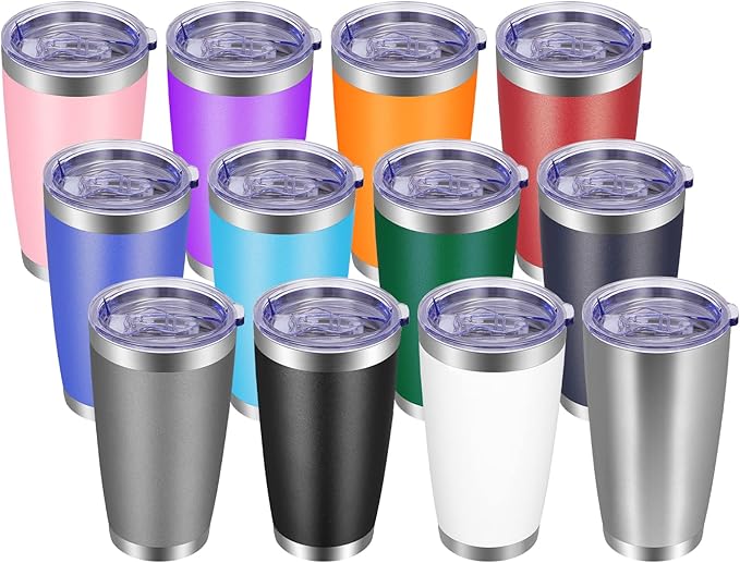VEGOND 20oz Tumbler with Lid and Straw Stainless Steel Tumbler Cup Bulk Vacuum Insulated Double Wall Travel Coffee Mug Powder Coated Coffee Cup(Mix 12 Pack)