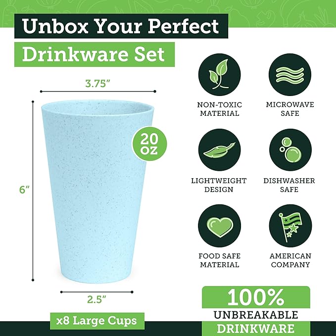 Grow Forward Premium Wheat Straw Cups - 20 oz Unbreakable BPA Free Hard Plastic Cups - Reusable Lightweight Plastic Drinking Glasses for Kitchen, Outdoor, Water, Camping, RV - Tropical