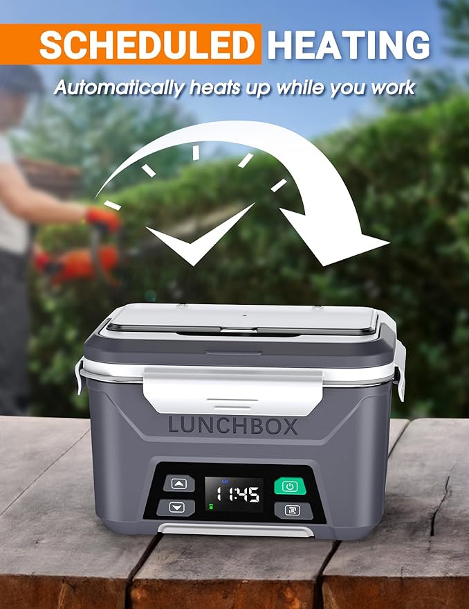 Rechargeable Heated Lunch Box for Men, 1.3L Cordless Electric Lunch Box for Adults with Scheduled Heating, Portable Food Warmer with Large Bag, Cutlery, Removable Divider
