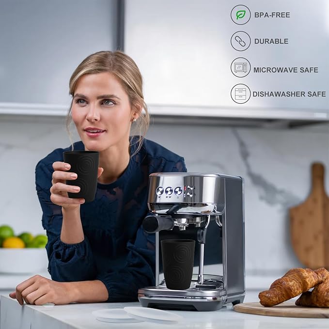 Wrova Wheat Straw Cups 16oz Set of 8 with Silicone Covers - Alternative Plastic Cups Reusable- Microwave & Dishwasher Safe - Unbreakable Plastic Drinking Cups for Camping - Black